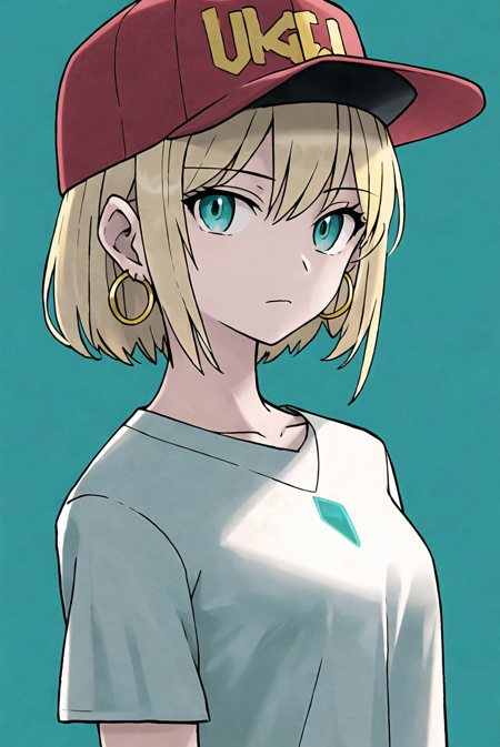 3978523692-433743030-sugimori style, masterpiece, best quality, 1girl, aqua eyes, baseball cap, blonde hair, closed mouth, earrings, green background.png